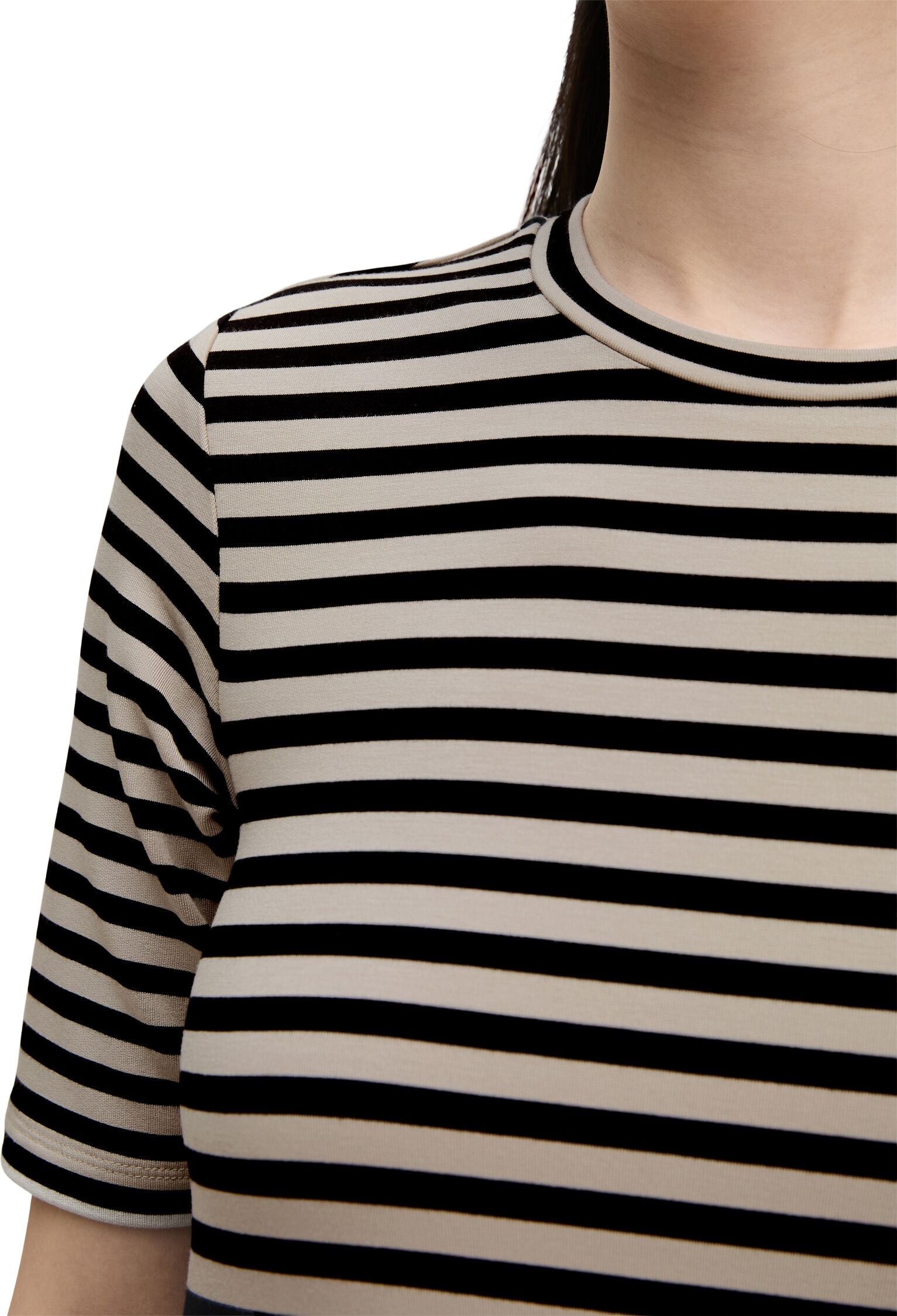Marc O' Polo Jerseykleid MARC O'POLO, Damen, Gr. M, N-Gr, schwarz-weiss (light braun), Jersey, Obermaterial: 96% Modal, 4% Elasthan, A-Linie ca. Mitte Wade, Rundhals, Kleider Jerseykleid, A-Shape aus TENCEL™ Modal gestreift light braun M, N-Gr
