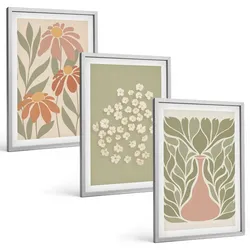 BILDER SET 3er Set - 40x60 cm Silberner Rahmen - Florale Boho-Muster