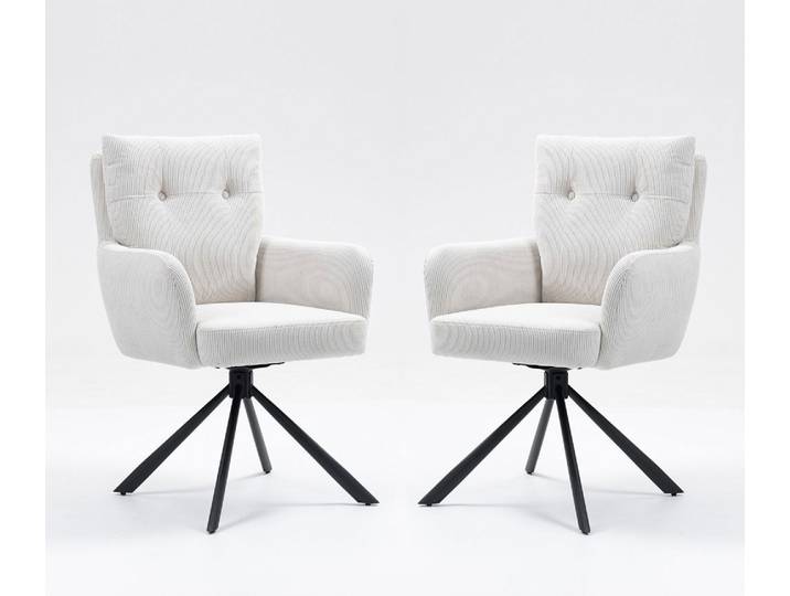 2er-Set Drehstuhl Esszimmerstuhl 'Hanna' Cord creme & Metall schwarz