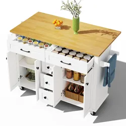 Küchenwagen 140x65x89 cm mit ausklappbarer Arbeitsplatte, 5 Schubladen, Schränken und Rollen, Weiß/Natur, mit Gewürz- und Handtuchhalter