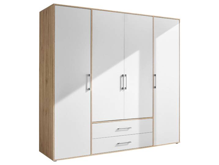 P & B Kleiderschrank, Weiß, Eiche Artisan, 7 Fächer, 2 Schublade(n) Schubladen, 206x195x60 cm, Schlafzimmer, Kleiderschränke, Drehtürenschränke