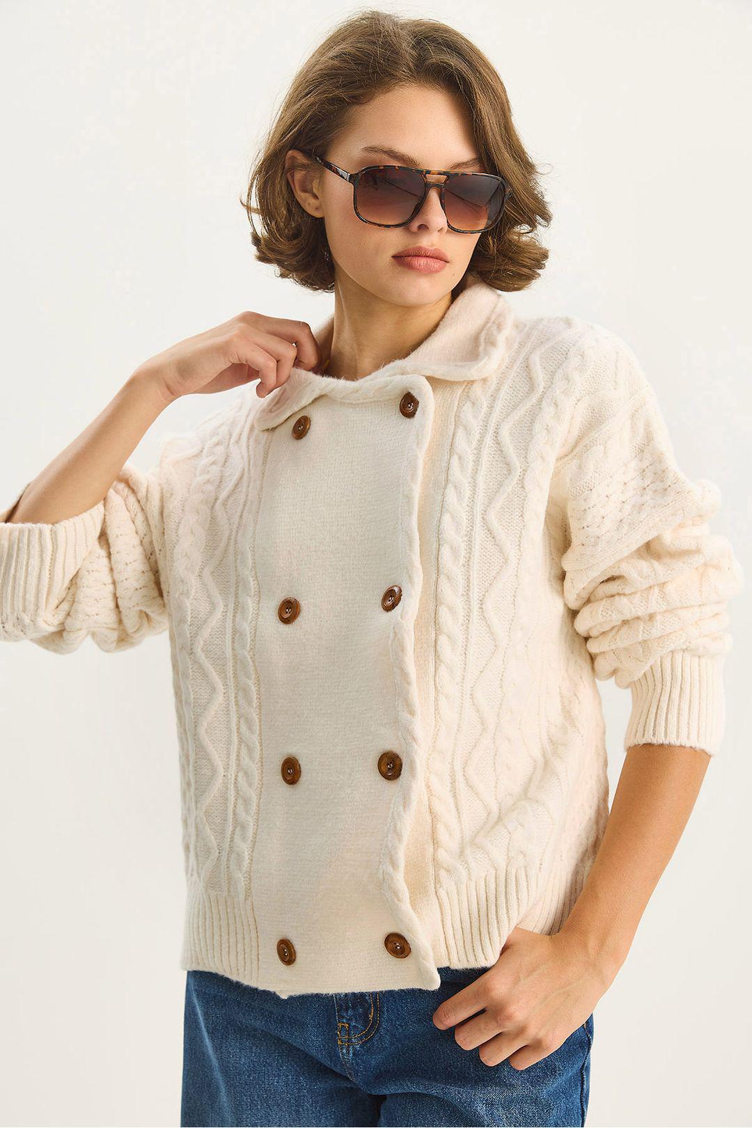 Geribbeld Gebreid Cardigan met Knoopsluiting