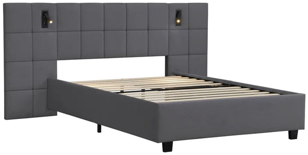 Juskys Gestoffeerd Bed Luzano met geïntegreerd leeslampje - Donkergrijs - 140 x 200 cm