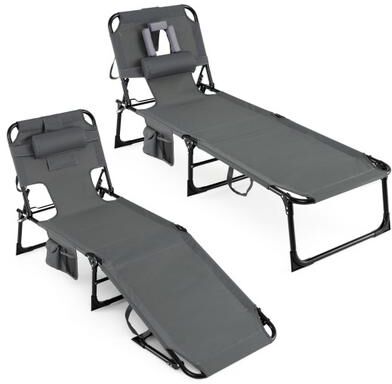 Costway Set of 2 Tanning Chair Portable Chaise Lounge Chair with 4-Position Adjustable Backrest-Gray