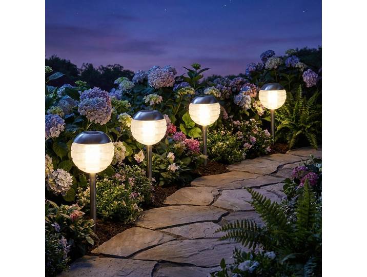 4er-Set LED-Kugelleuchte mit Erdspiess, Edelstahl