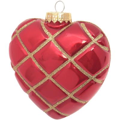 Christbaumschmuck KREBS GLAS LAUSCHA "Herz mit Karo in Gold Glitter", rot, B:12cm H:8cm T:12cm, Glas, Weihnachtsbaumschmuck, Christbaumschmuck aus Glas, mundgeblasen, handgefertigt, herzförmig