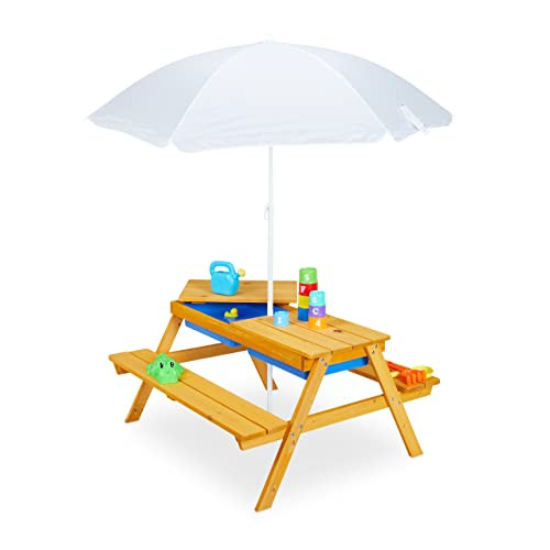 Relaxdays Houten kinderpicknicktafel met zand- en watertafel, naturel pine