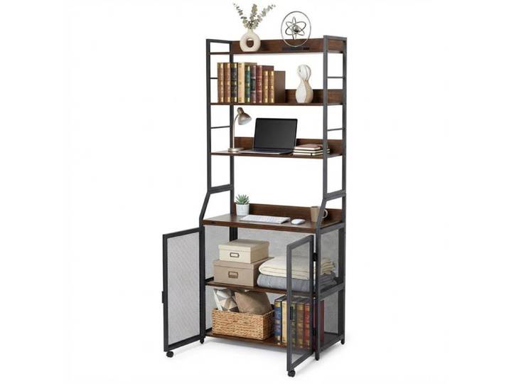 Bureau-bibliothèque 2-en-1 - LUNSY - 60 5x23 5x180 cm - 6 étagères - Style industriel - Marron et Noir