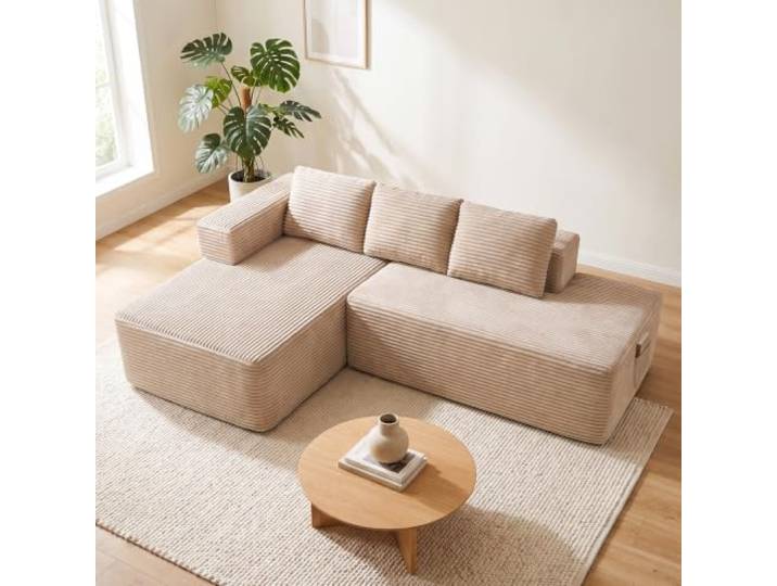 COMHOMA Ecksofa mit Schlaffunktion, 228cm Corduroy Modulares Boneless Couch mit Chaiselongue & Rücken-Metallgestell, L-Form Schlafsofa mit offenem Design, Kissen & Seitentaschen,für Wohnzimmer, Beige