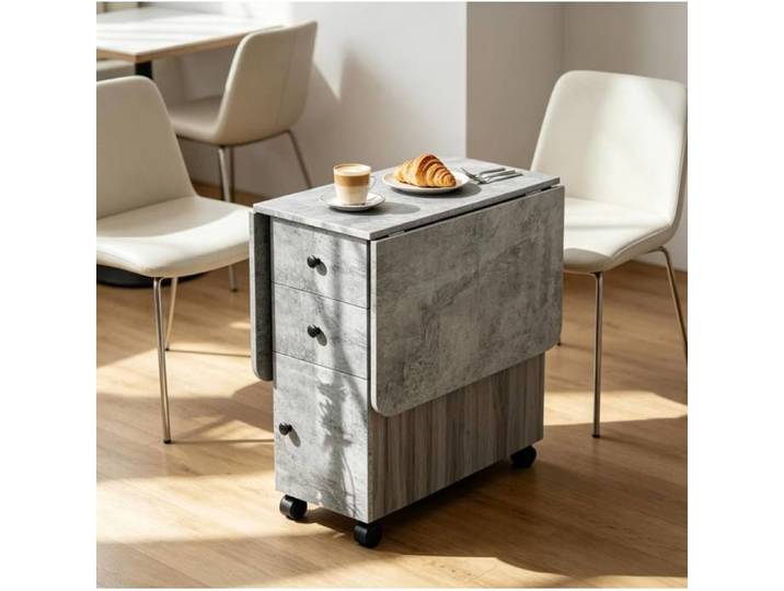 Table à manger pliante extensible – Gris – avec tiroirs et roulettes