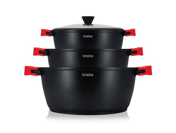 briebe Black Titanium Topfset Induktion 6-Teilig Antihaftbeschichtung Titan 3-Kochtöpfe aus Aluminiumguss, ohne PFOA, Set mit Glasdeckel, Abnehmbare Silikongriffe, Glaskeramik, Gas, Ofen