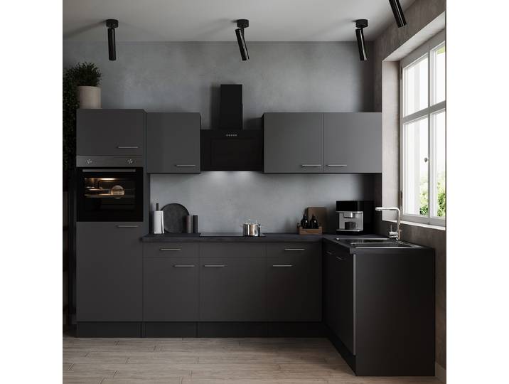 Premium Eck-Küchenzeile Oliver 280 cm 280 x 205 x 172cm Grau/Grau mit Elektrogeräten