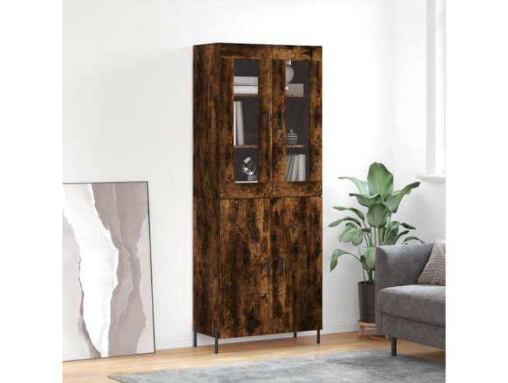 RJPLMFV Anrichte hoch, rauchfarbene Eiche, 69,5 x 34 x 180 cm, Holz Flügeltüren, Metallfüße, geräumige Aufbewahrung, Wandbefestigung inklusive