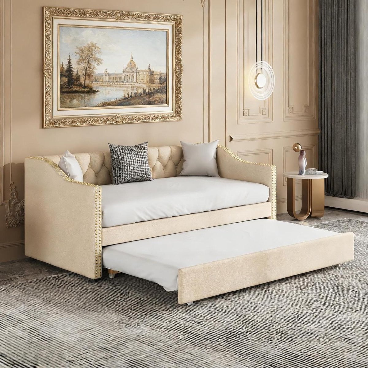 Multifunctionele uittrekbare slaapbank met logeerbed in beige, 90/180x200 cm