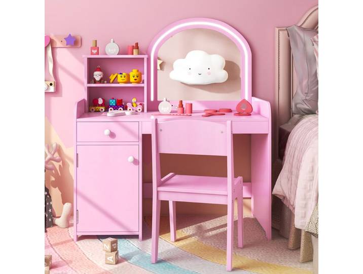 GOPLUS Coiffeuse Enfant avec chaise Ensemble de Maquillage en Bois avec Lumières LED Bicolores Miroir et Peigne en Acrylique