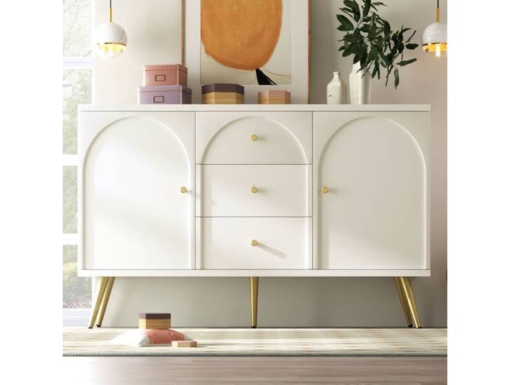 Buffet bas - Dripex - Commode Blanc - 2 Portes - 3 Tiroirs - Étagères Réglables