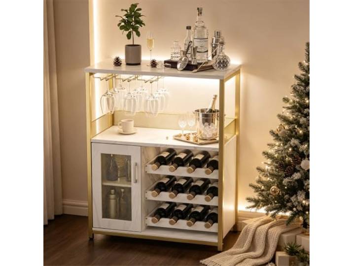 GarveeMore Barschrank 70x35x92 cm, Glashalter, Küche, Retro, Gold Weinregal Flaschenablage Getränkeaufbewahrung Gläserständer Anrichte Sideboard Vitrine Büfett Ordnung Industriedesign Metallg