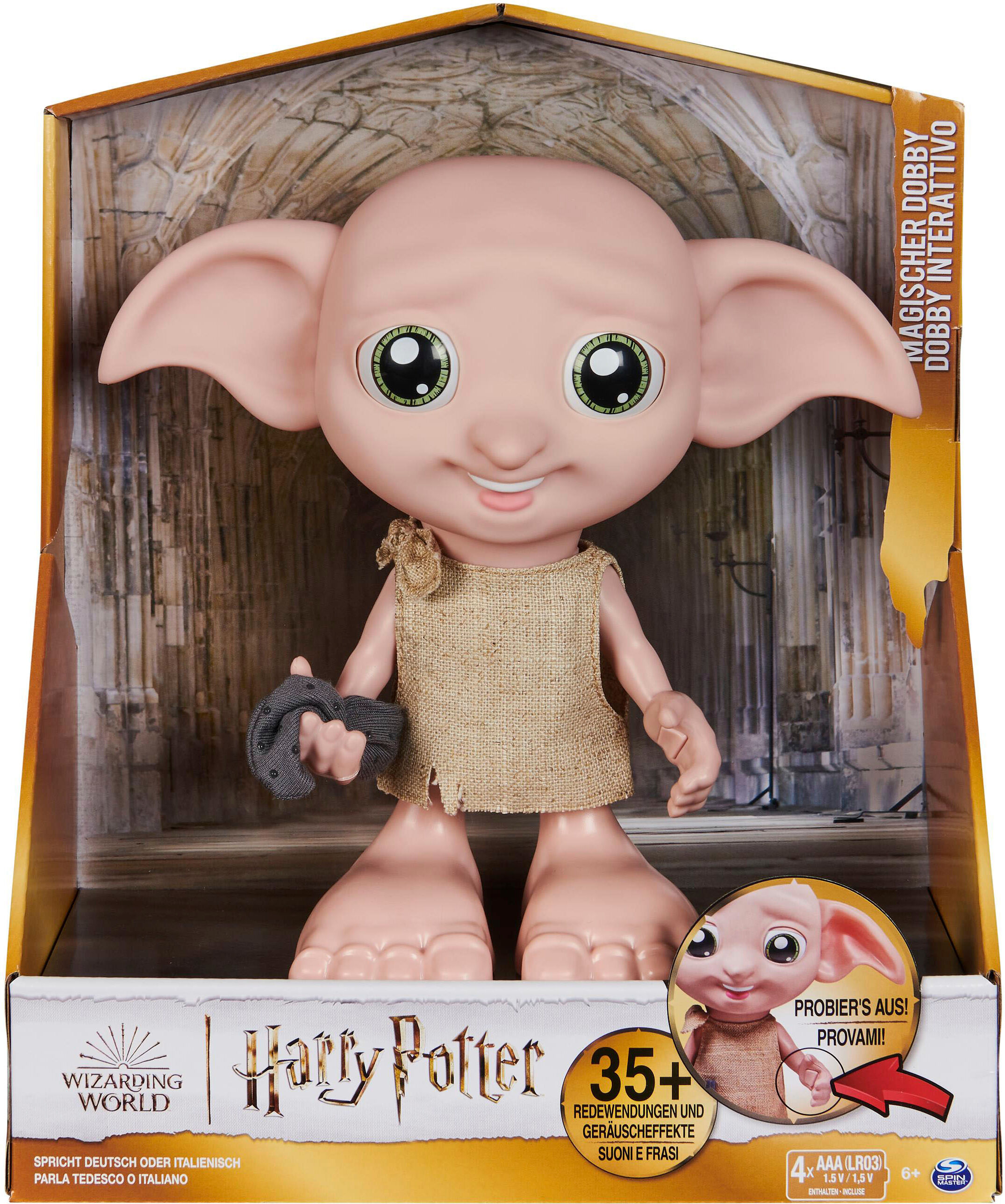 Spielfigur SPIN MASTER "Wizarding World - Dobby - Interaktiver Hauself (zweisprachig DE+IT)", bunt, Spielfiguren, KinderH:21,6cm, Spielfigur, mit Geräuschen und Bewegungen, H:21,6cm