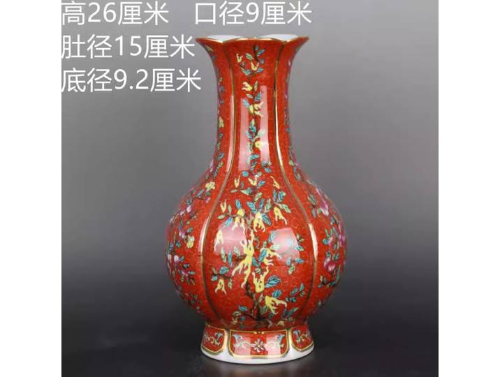 Vase chinois en porcelaine émaillée rouge Qing Qianlong fleurs Design 12.5 pouces