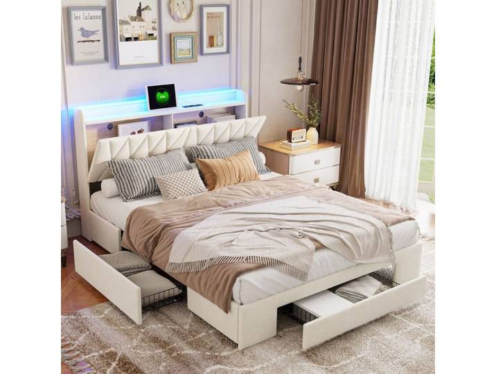 Lit double rembourré - TANANT - 160x200 cm - Velours beige - 3 tiroirs - Lumière LED