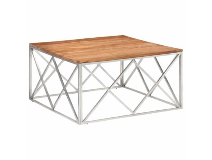 LASWWQMRF Couchtisch Edelstahl Massivholz Akazie 100x100x50 cm Moderne quadratische Form für das Wohnzimmer mit pflegeleichter Echtholzplatte und silbernem Metallgestell.