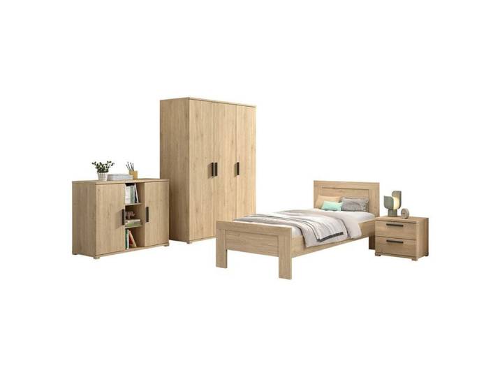 MARCO - Chambre Enfant Complète Lit 90x200cm Chevet Armoire 3P et Commode Aspect Chêne