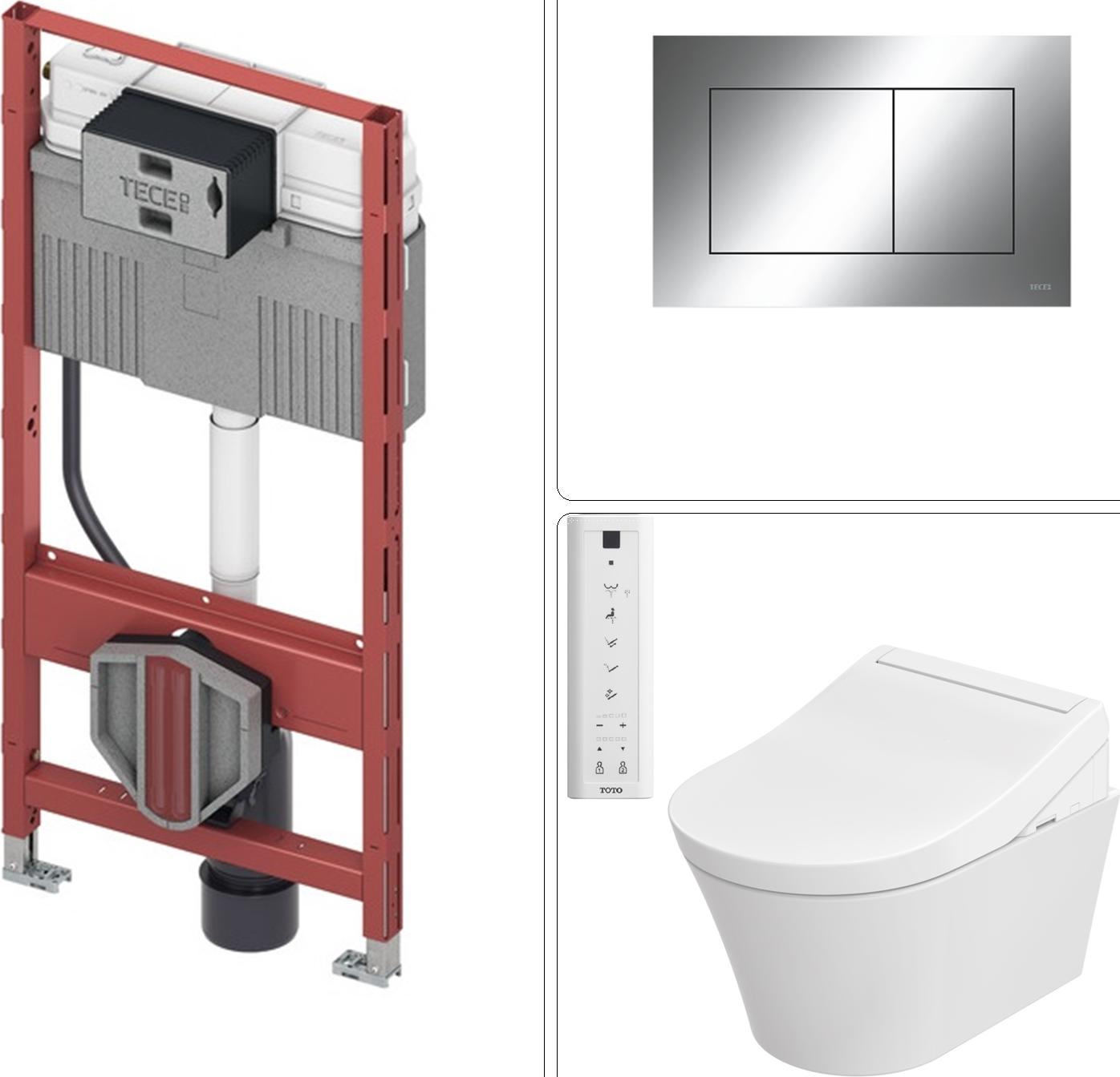 TOTO Washlet RG Lite Dusch WC mit beheizbarem WC-Sitz + Fernbedienung & TECE Vorwandgestell + Betätigungsplatte, chrom