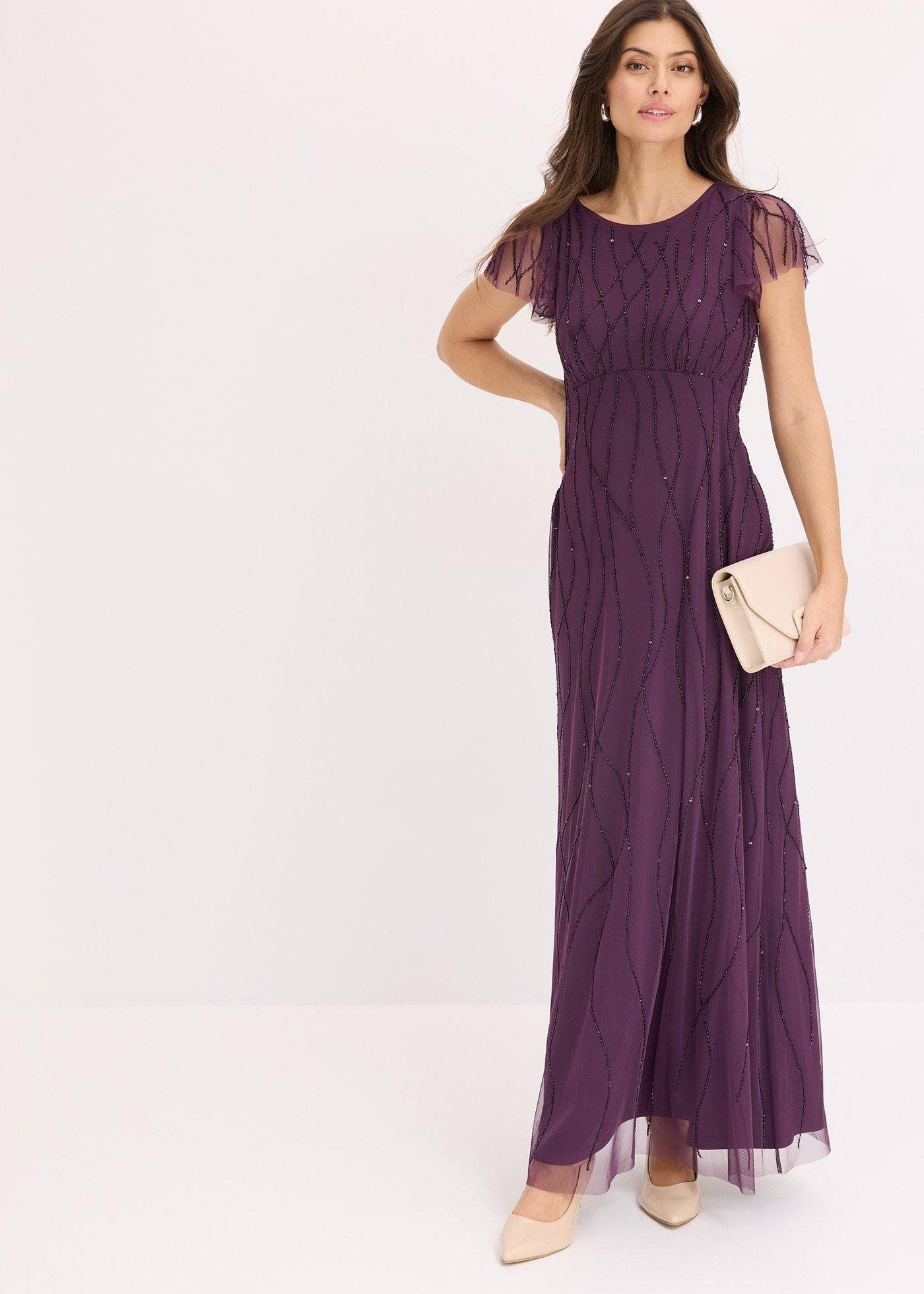 bonprix Maxikleid aus zartem Tüll mit Perlenstickerei, lila, Gr.40, Modern und feminin: Abendkleid in Maxi-Länge aus zartem Tüll mit Perlenstickerei