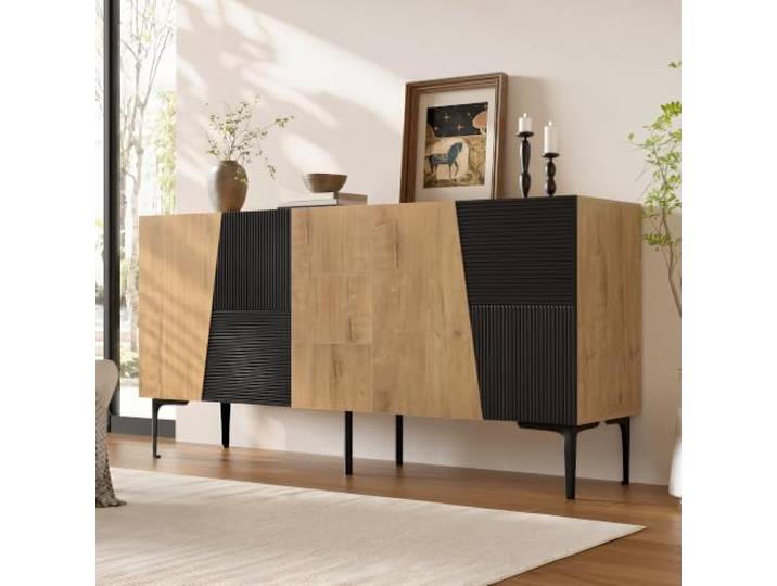 BXEYXE Sideboard mit 4 Türen & 3 Schubladen – Kommode mit Eisenbeinen, viel Stauraum für Wohnzimmer & Esszimmer, Holzoptik/Schwarz, 160x40x80 cm