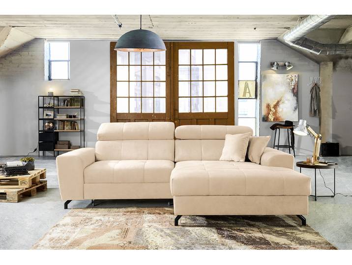 Ecksofa mit Schlaffunktion Beige Microfaser Salvo 267 x 105 x 181cm Schlaffunktion davorstehend links mit Schlaffunktion Modern