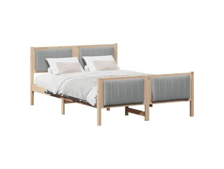 KTHLBRH Bettgestell, Braun und Hellgrau, 135 x 190 cm Massives Kiefernholz, gepolstertes Kopfteil aus Polyester, Plattform-Design, Kapazität 200 kg