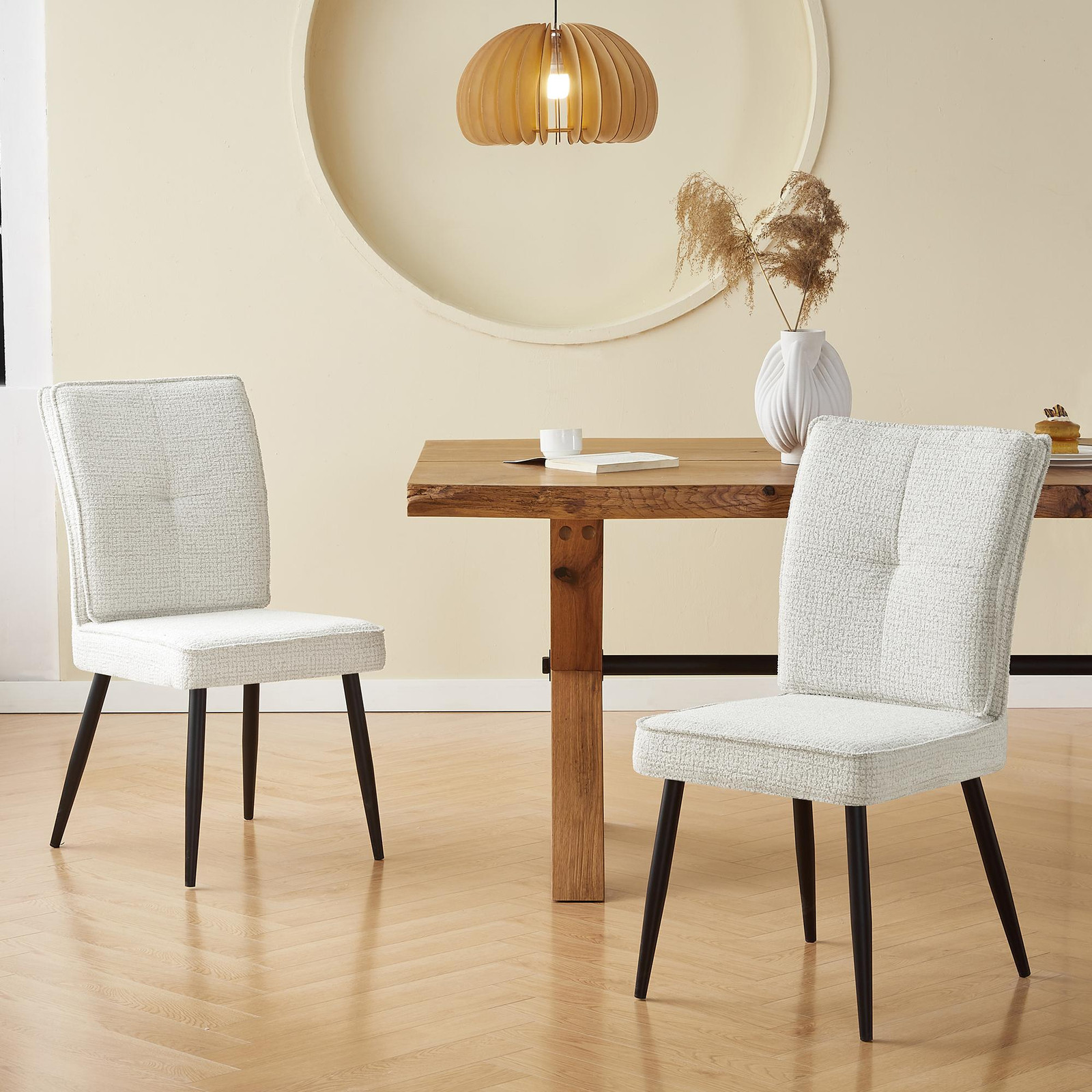 MODFU Set van 2 eettafelsstoelen met rugleuning en metalen poten, crèmekleurig