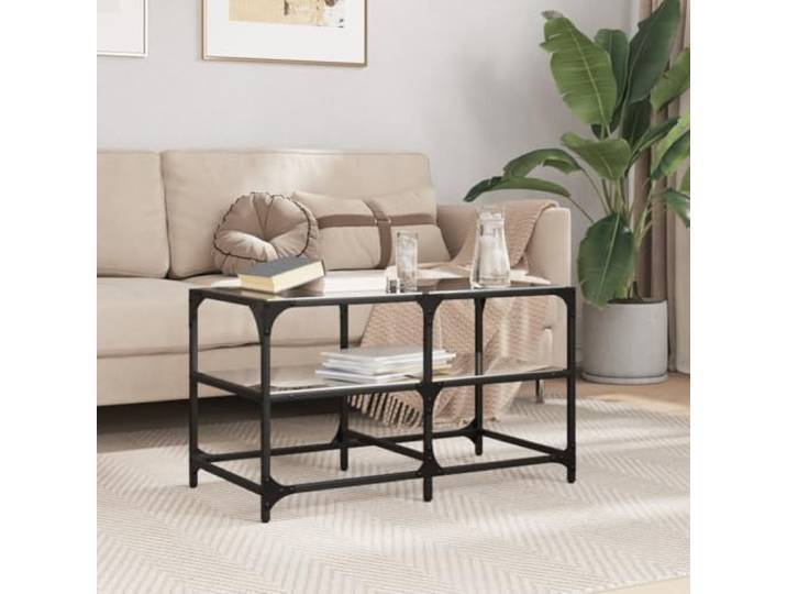 HEFZGDB Couchtisch mit Glasplatte Schwarz 78,5x40x45 cm Stahlgestell, robuster Beistelltisch mit langlebigem Holzwerkstoff und Edelstahlrahmen für Wohnzimmer, moderner Side Table