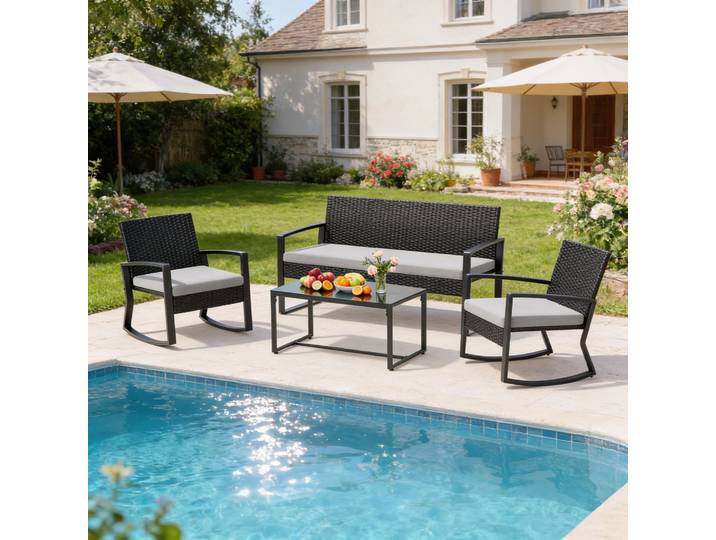 Ensemble de mobilier de jardin BEALIFE WR310\, comprenant : une table de jardin\, 3 chaises en résine tressée (PE rattan) et une table en verre. Idéal pour terrasse et balcon. Couleur : noir/kaki