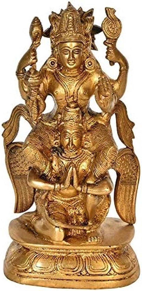 Vishnu Garuda Beeld - Goudkleurig Massief Messing - Hoogte: 18 cm