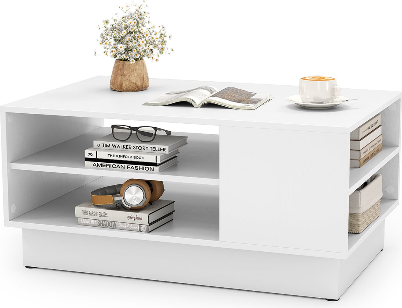 Costway Moderne rechthoekige salontafel met 2 open opbergplanken, wit, B/D/H: 86 x 56 x 41 cm