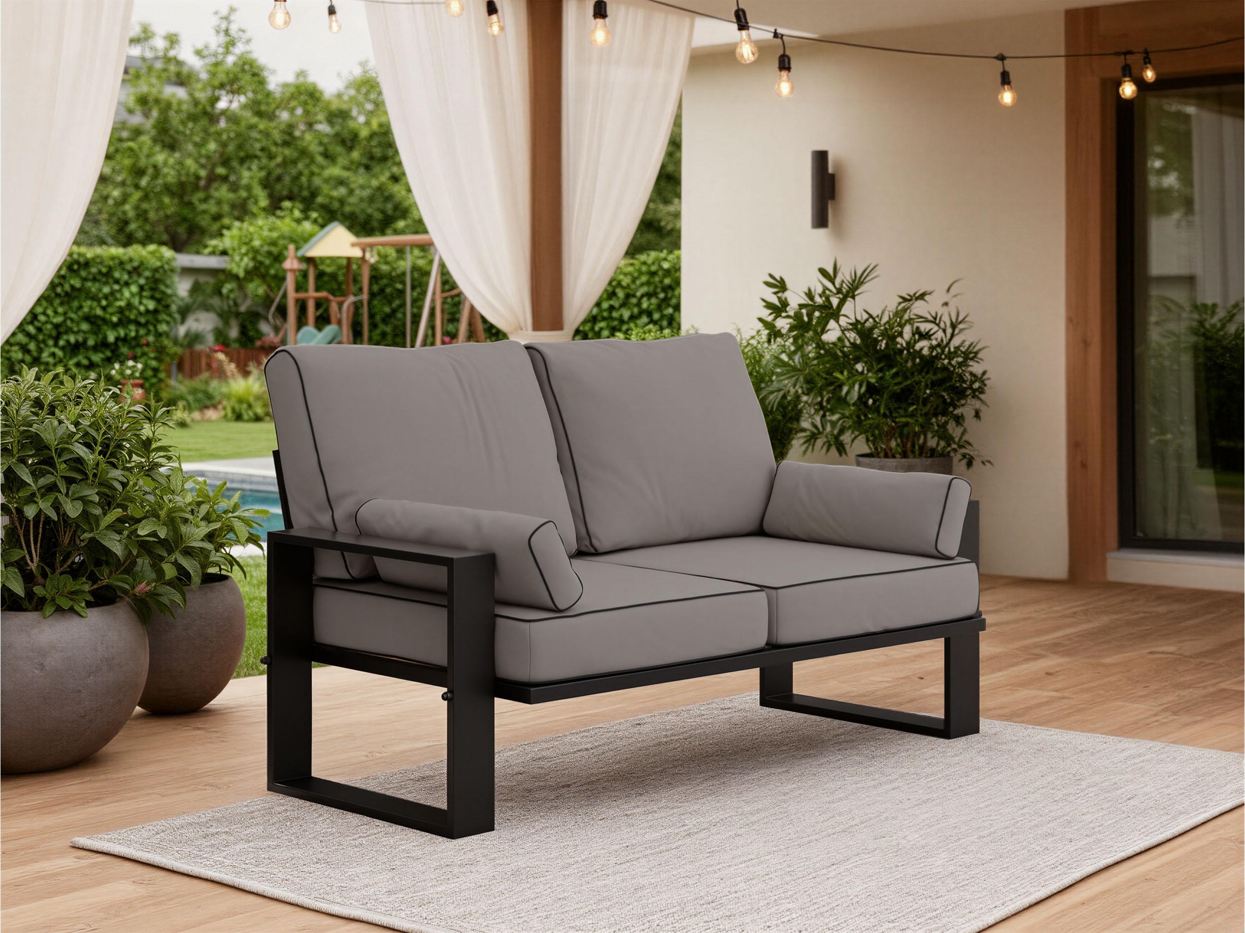 MKS MEBLE Outdoor Gartensofa, Wellenfeder, Stahlrahmen, T30-Schaum, Outdoor, Wetterfest, 2-Personen - ELBA - grau