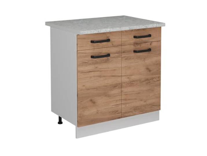 Vicco Küchenunterschrank R-Line, Goldkraft Eiche, 80 cm 2 Schubladen · Arbeitsplatte Marmor · Höhenverst. Füße · 2 Türen · Leichter Zugriff