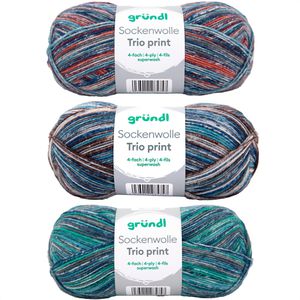 Gründl Häkelgarn 6229-01, Sockenwolle Trio print, 3 Stück, 100 g / 420 m, Nadelstärke 2.5-3, Schurwolle/Polyamid
