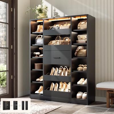 Rackcog "40"" W Versatile Closet System with LED Lights, Wooden Walk-in Closet Organizer Wardrobe Cabinet with 5 Drawers & 12 Shelvess"
