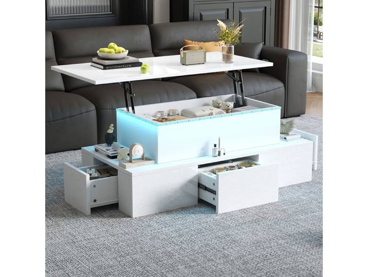 Table Basse Relevable LED - LEMONBEST - 100×50×40 cm - Blanc Brillant - Plateau relevable - 4 tiroirs