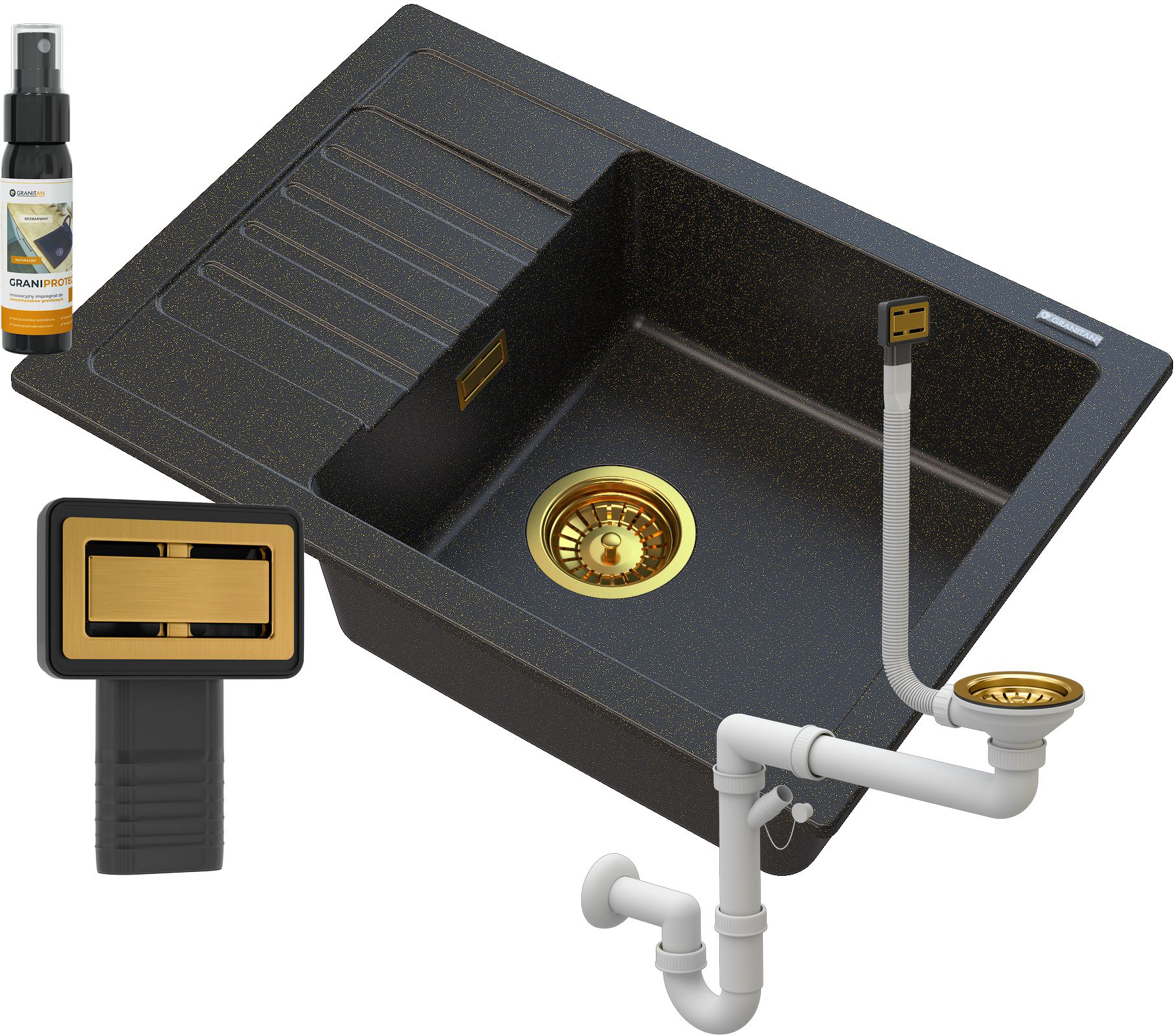 Granitan - Granitspüle - Küchenspüle - 62x44x18 cm - Schwarz - mit Siphon Gold und Imprägnierung - ARGOS