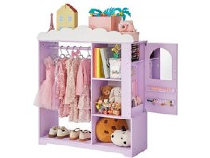 VEVOR Kinderkleiderschrank 91x30x103cm, Kindergarderobe mit Spiegel Kleiderstange Ablagen, Verkleidungsschrank aus MDF mit Schmuckkästchen für Mädchen, Kinderschrank für Kostüme Spielzeug Puppen, Lila