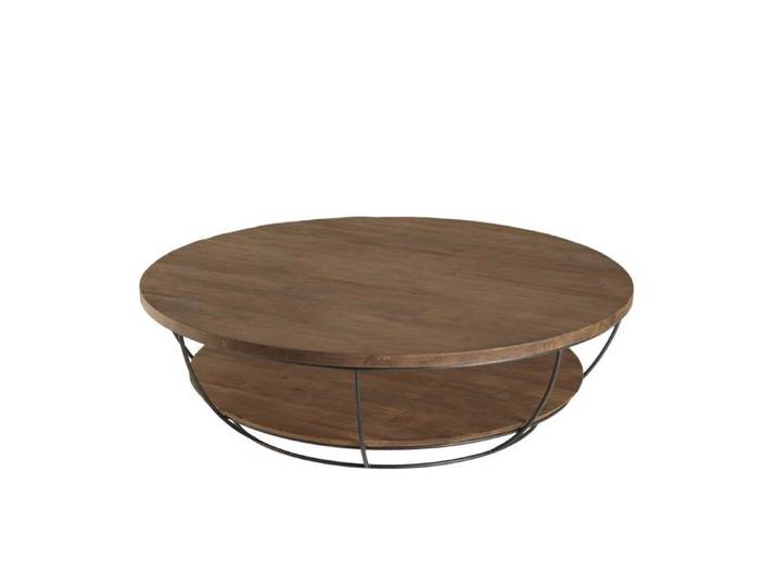 MACABANE ALIDA - Table basse coque ronde 120x120cm double plateau Teck recyclé métal noir