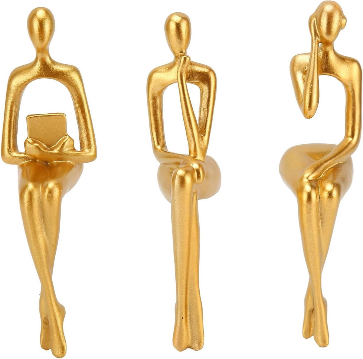 Denker Beeldjes Set - 3 Delige Abstracte Sculpturen in Goudkleurig Hars voor Huisdecoratie