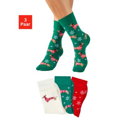 Freizeitsocken LASCANA "Damen Weihnachtssocken", Damen, Gr. 35-38, bunt (1x ecru, 1x grün, 1x rot), Baumwollmischung, elastisch, Socken, mit lustigen Dackelmotiven