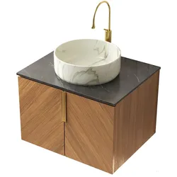 MODFU Wandmontierter Badezimmer-Waschtisch aus Sperrholz in Braun-Eiche mit Keramikbecken, 2 Türen, Soft-Close