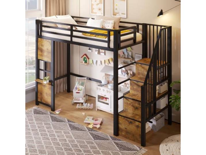 BXEYXE Hochbett, 90 x 200 cm, Eisenrahmen, Ablageleiter, offener Stauraum unter dem Bett, Fenstergestaltung, icherheitsgeländer, ohne Matratze, schwarz