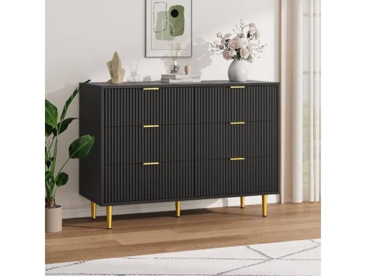 AsyPets 6-Schubladen-Kommode 100x40x75 cm, Schwarz Wellenfront, goldene Griffe & Beine, Kippschutz, geeignet für Wohnzimmer & Schlafzimmer