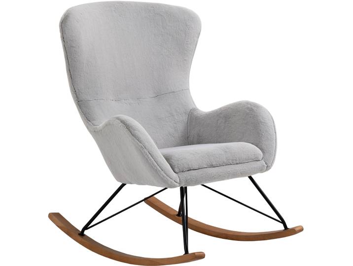 Schaukelstuhl Swing Hellgrau, Schwarz, Braun Lammfell Optik, Metall, Holz B 70 T 94 H 102 cm - Schaukelstuhl